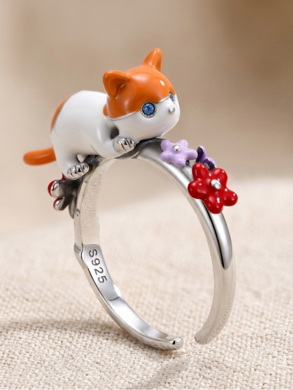 Sterling Silver Cat Ring with Orange and White Enamel